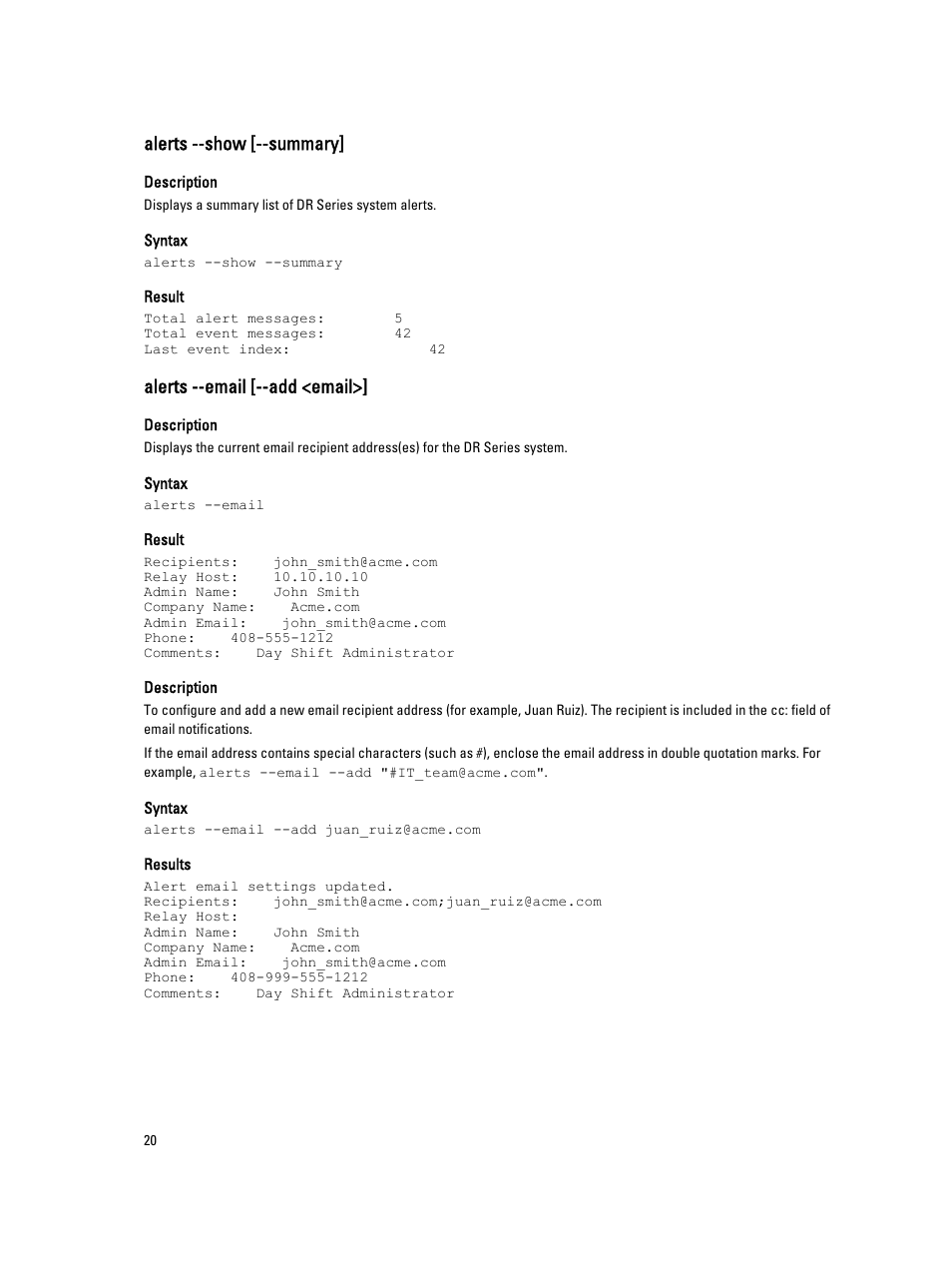 Alerts --show [--summary, Alerts --email [--add <email | Dell DR4000 User Manual | Page 20 / 150