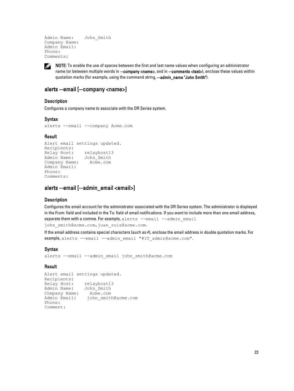 Alerts --email [--company <name, Alerts --email [--admin_email <email | Dell DR4000 User Manual | Page 23 / 150