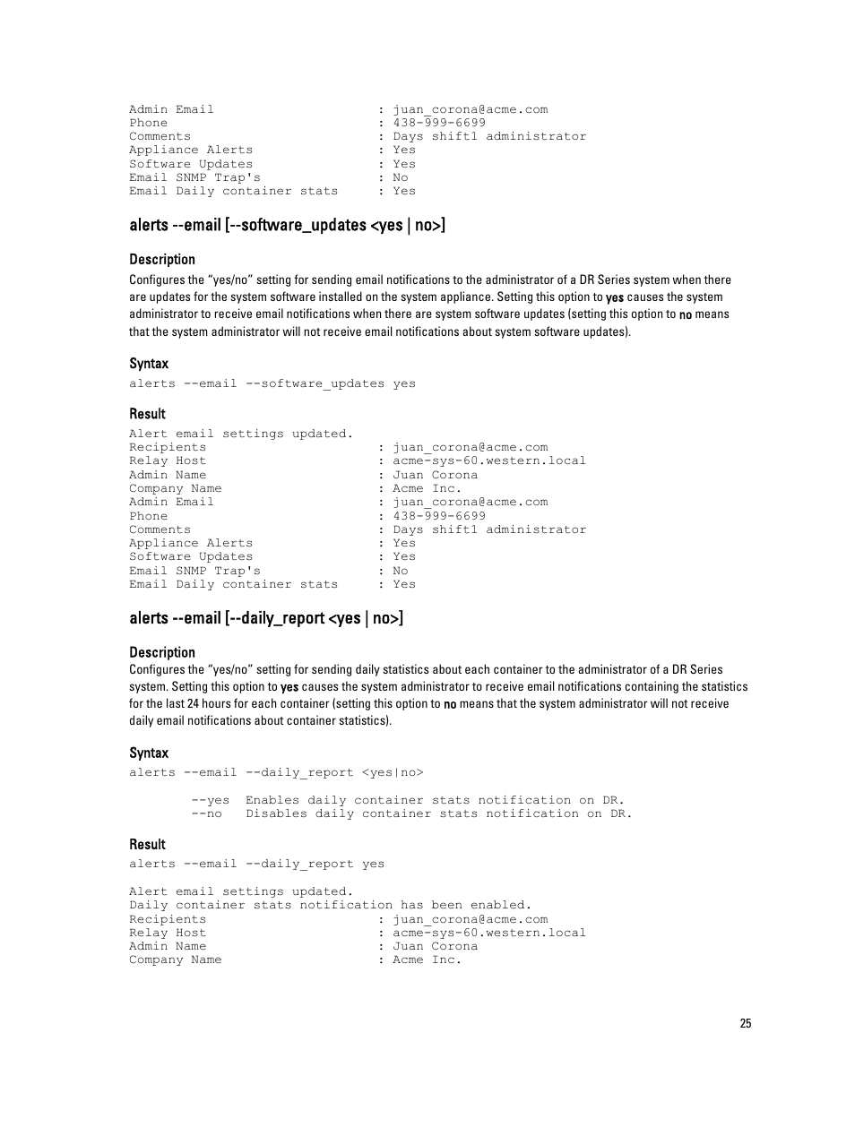 Alerts --email [--software_updates <yes | no, Alerts --email [--daily_report <yes | no | Dell DR4000 User Manual | Page 25 / 150
