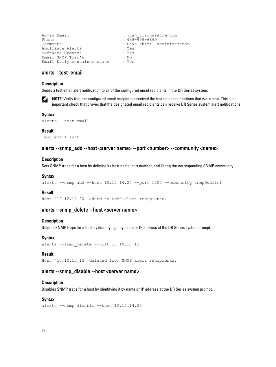 Alerts --test_email, Alerts --snmp_delete --host <server name, Alerts --snmp_disable --host <server name | Dell DR4000 User Manual | Page 26 / 150