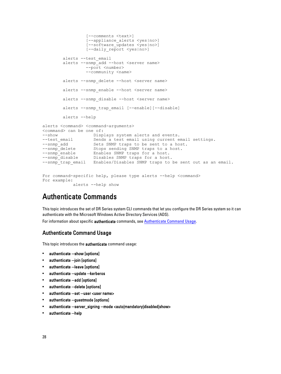 Authenticate commands, Authenticate command usage | Dell DR4000 User Manual | Page 28 / 150