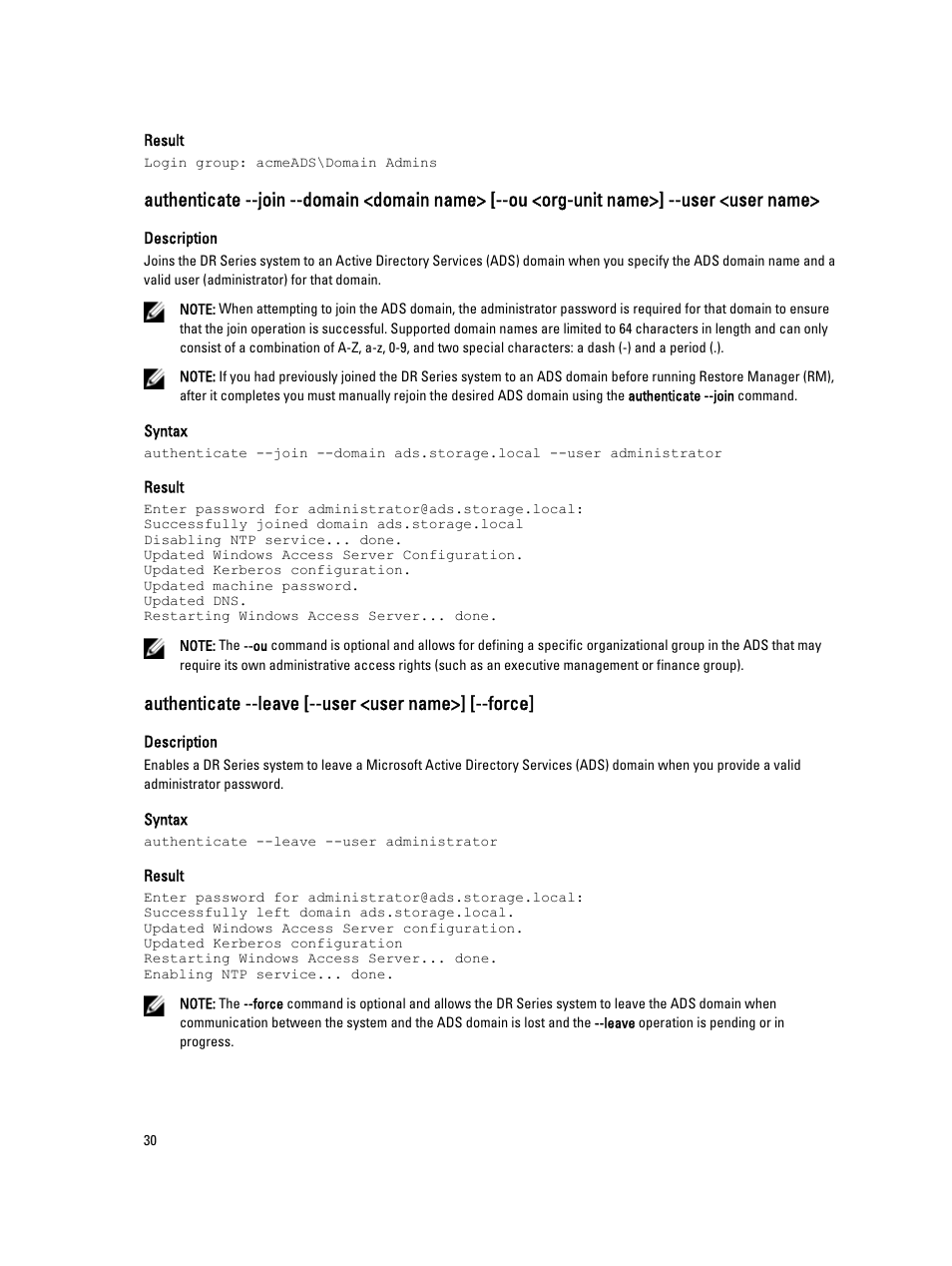 Authenticate --leave [--user <user name>] [--force, Command. for more information, see, Name>] --user <user name | Dell DR4000 User Manual | Page 30 / 150