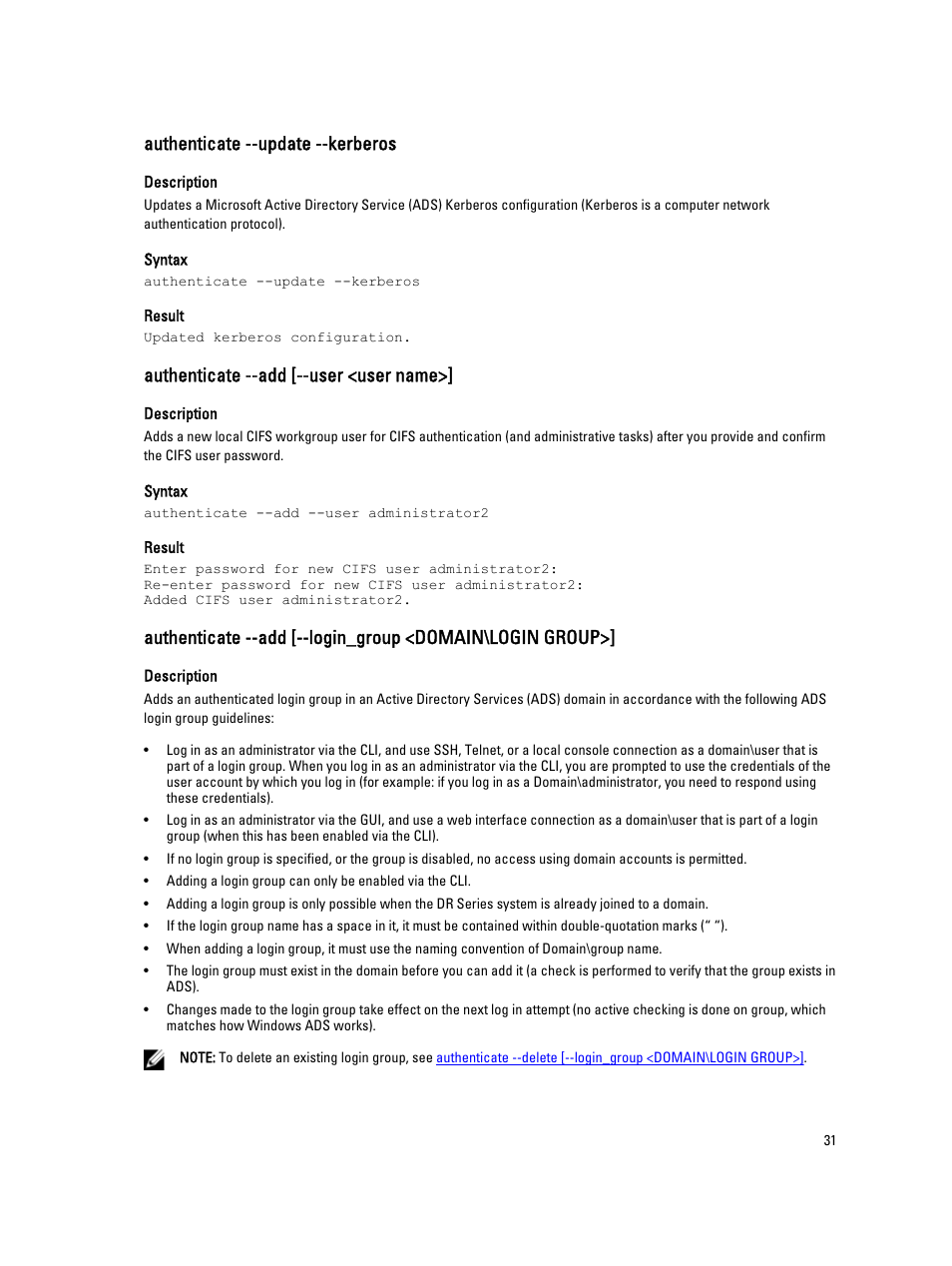 Authenticate --update --kerberos, Authenticate --add [--user <user name | Dell DR4000 User Manual | Page 31 / 150