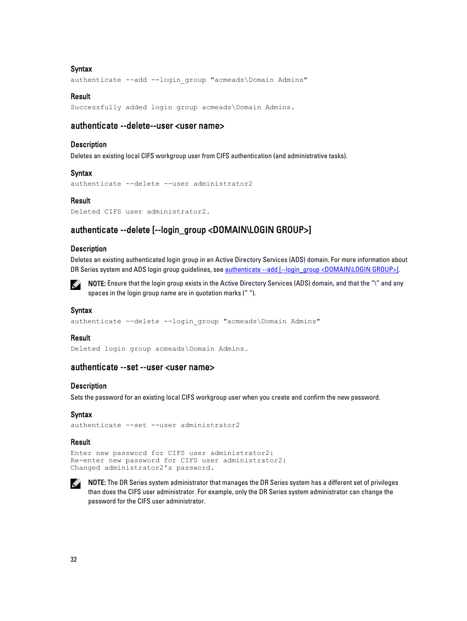 Authenticate --delete--user <user name, Authenticate --set --user <user name | Dell DR4000 User Manual | Page 32 / 150