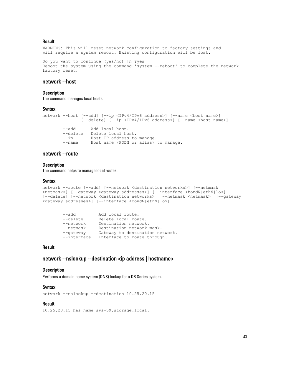 Network --host, Network --route | Dell DR4000 User Manual | Page 43 / 150