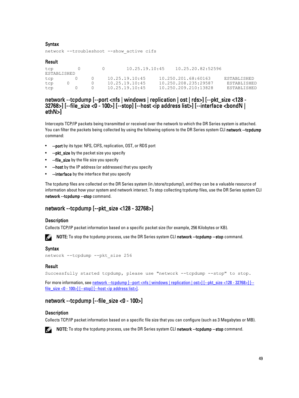 Network --tcpdump [--pkt_size <128 - 32768, Network --tcpdump [--file_size <0 - 100 | Dell DR4000 User Manual | Page 49 / 150