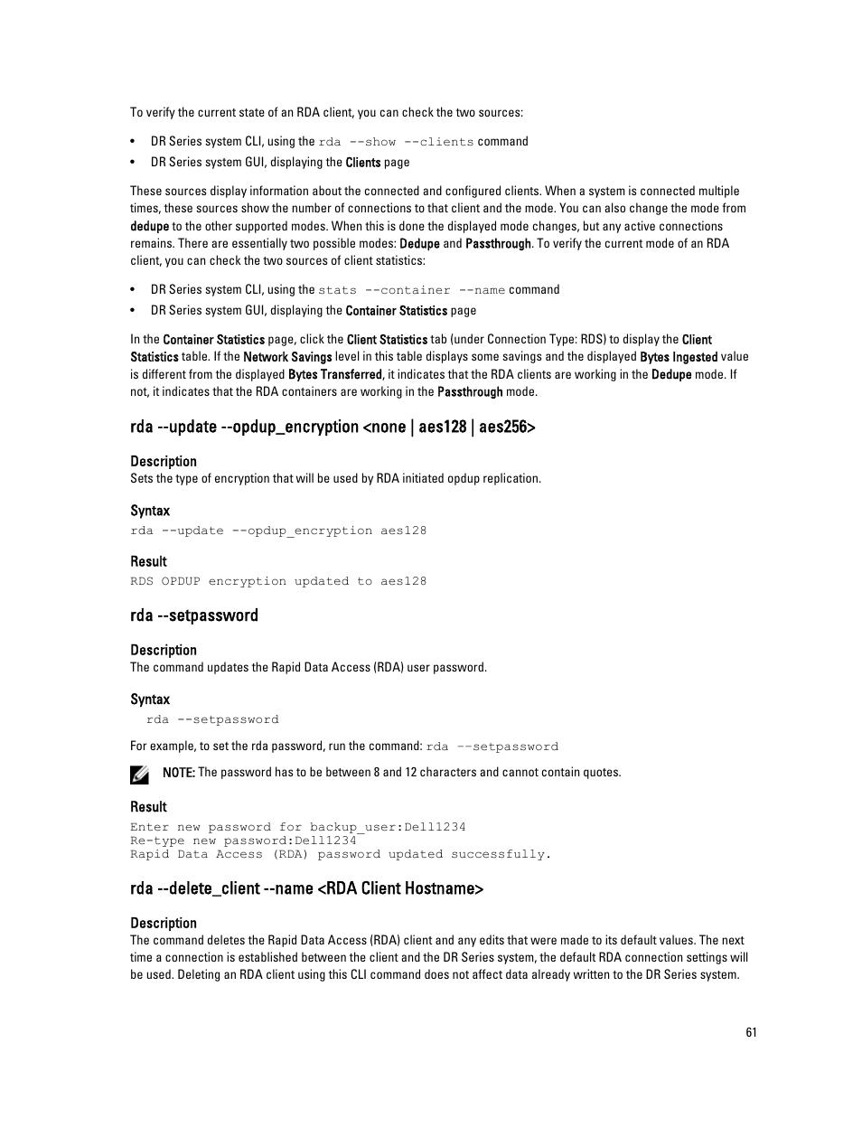 Rda --setpassword, Rda --delete_client --name <rda client hostname | Dell DR4000 User Manual | Page 61 / 150