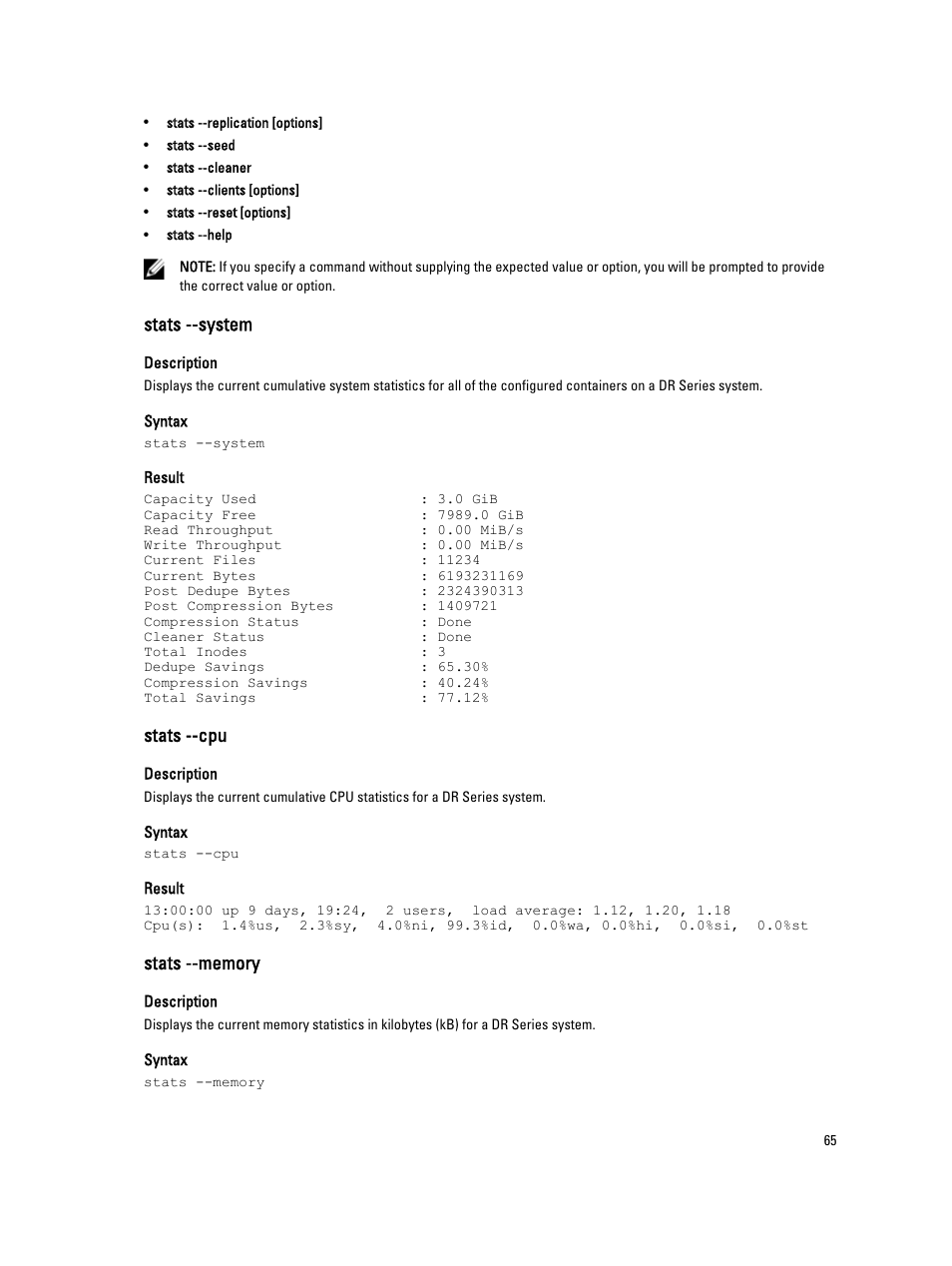 Stats --system, Stats --cpu, Stats --memory | Dell DR4000 User Manual | Page 65 / 150