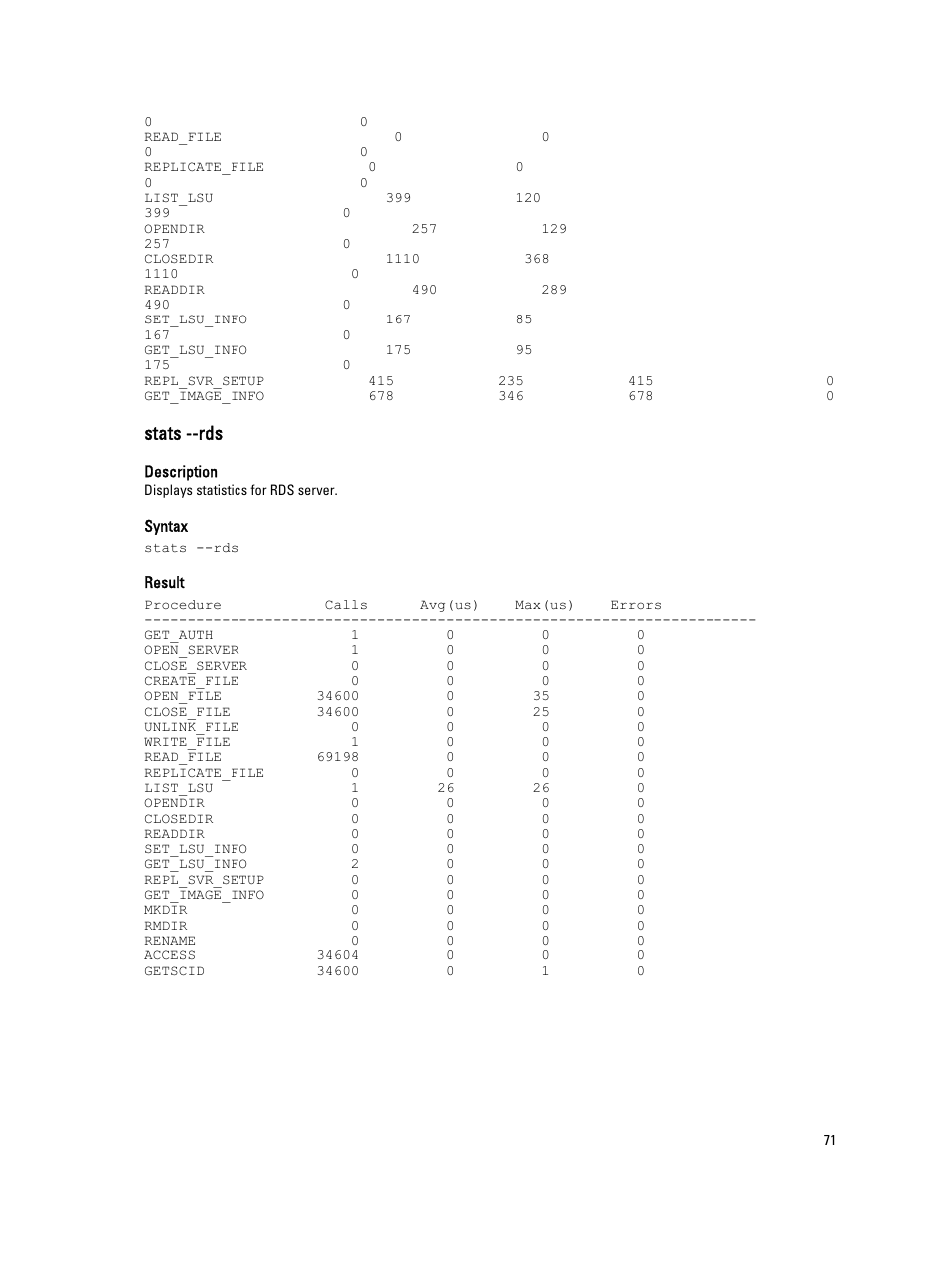 Stats --rds | Dell DR4000 User Manual | Page 71 / 150