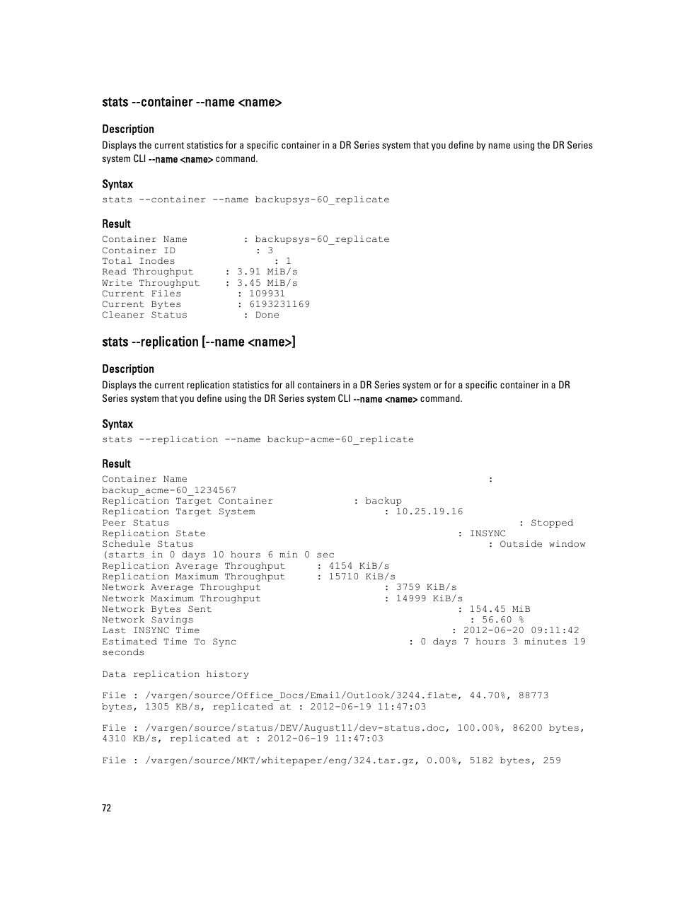 Stats --container --name <name, Stats --replication [--name <name | Dell DR4000 User Manual | Page 72 / 150