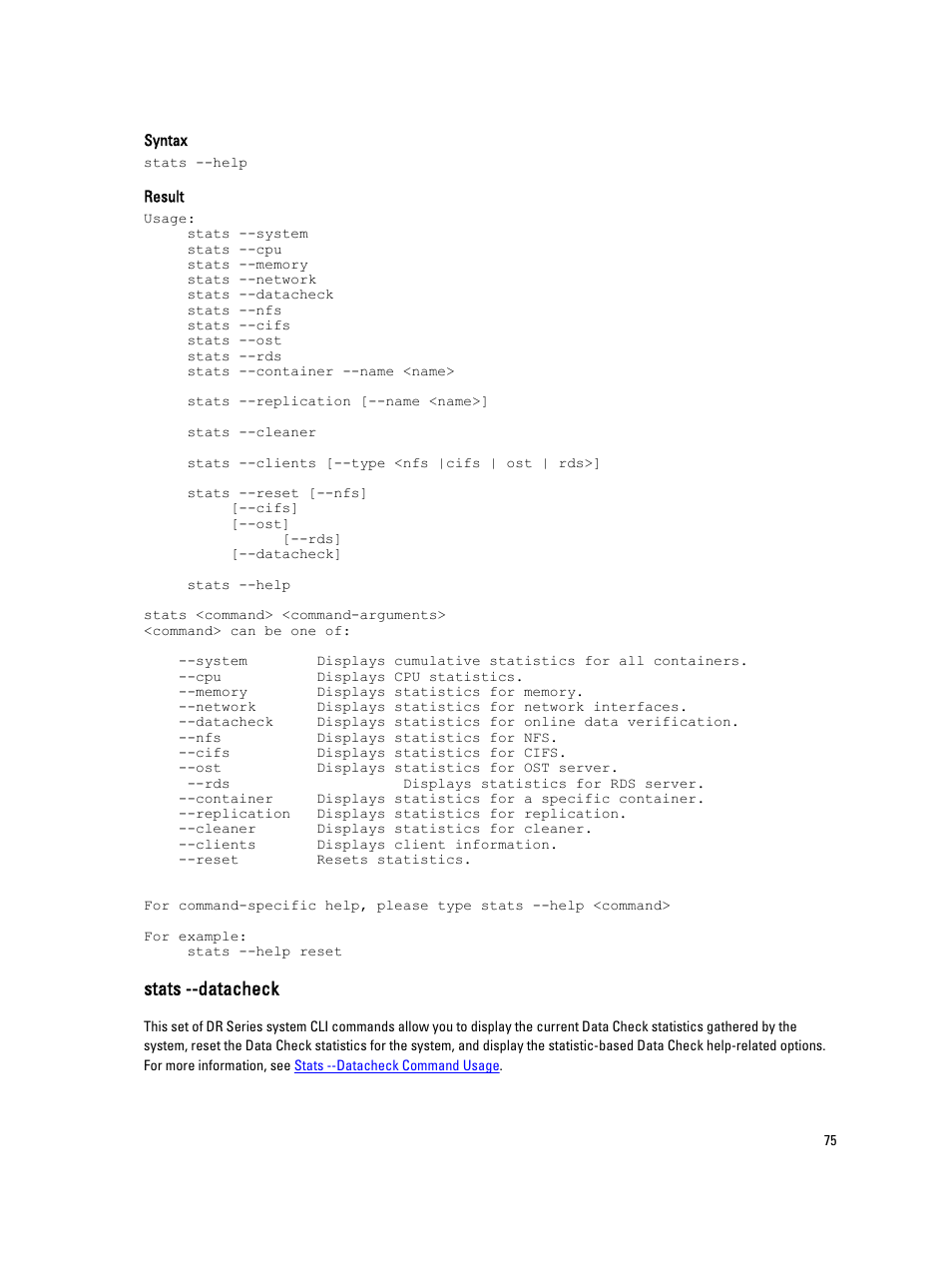 Stats --datacheck | Dell DR4000 User Manual | Page 75 / 150