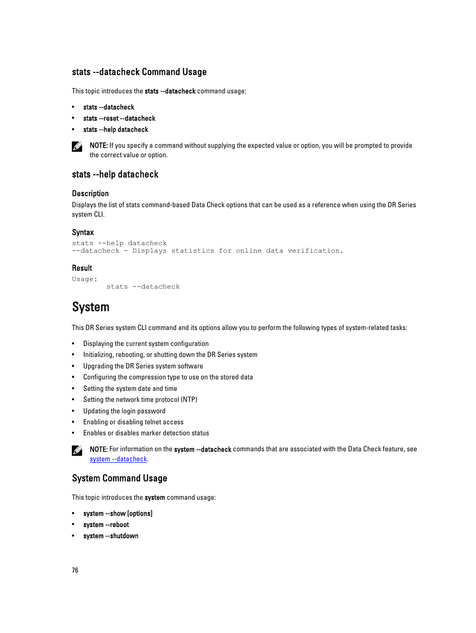 Stats --datacheck command usage, Stats --help datacheck, System | System command usage | Dell DR4000 User Manual | Page 76 / 150