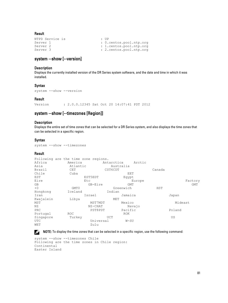 System --show [--version, System --show [--timezones [region | Dell DR4000 User Manual | Page 81 / 150