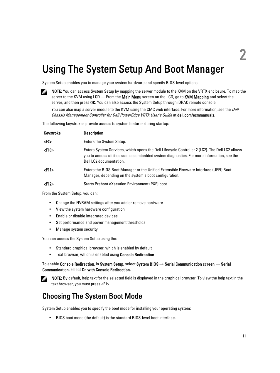 Using the system setup and boot manager, Choosing the system boot mode, 2 using the system setup and boot manager | Dell PowerEdge VRTX User Manual | Page 11 / 143