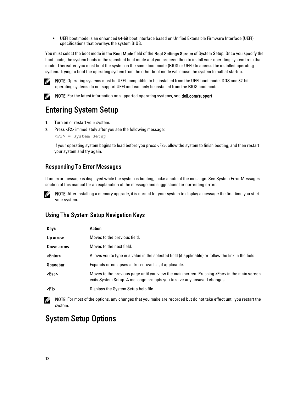 Entering system setup, Responding to error messages, Using the system setup navigation keys | System setup options | Dell PowerEdge VRTX User Manual | Page 12 / 143