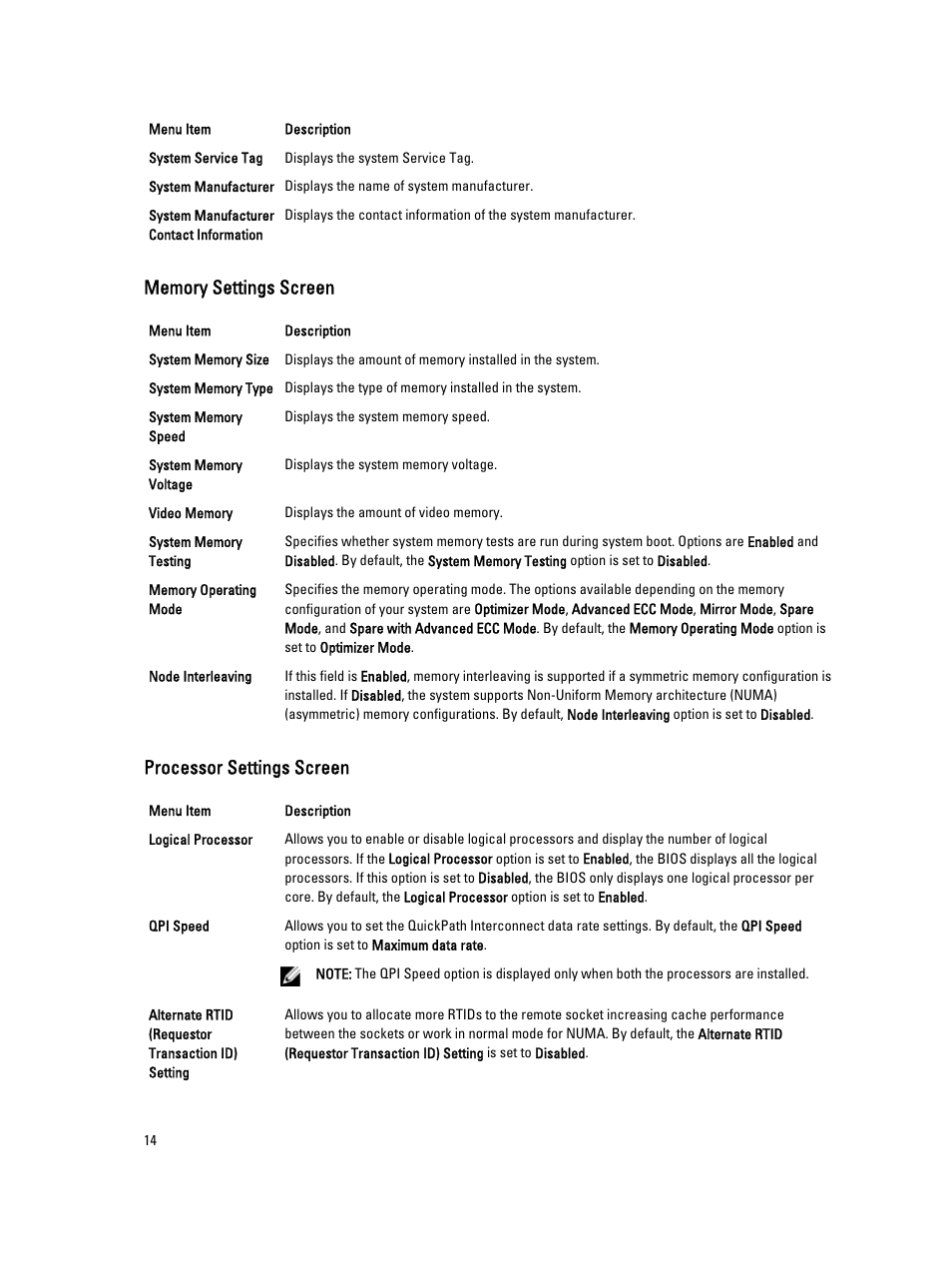 Memory settings screen, Processor settings screen | Dell PowerEdge VRTX User Manual | Page 14 / 143