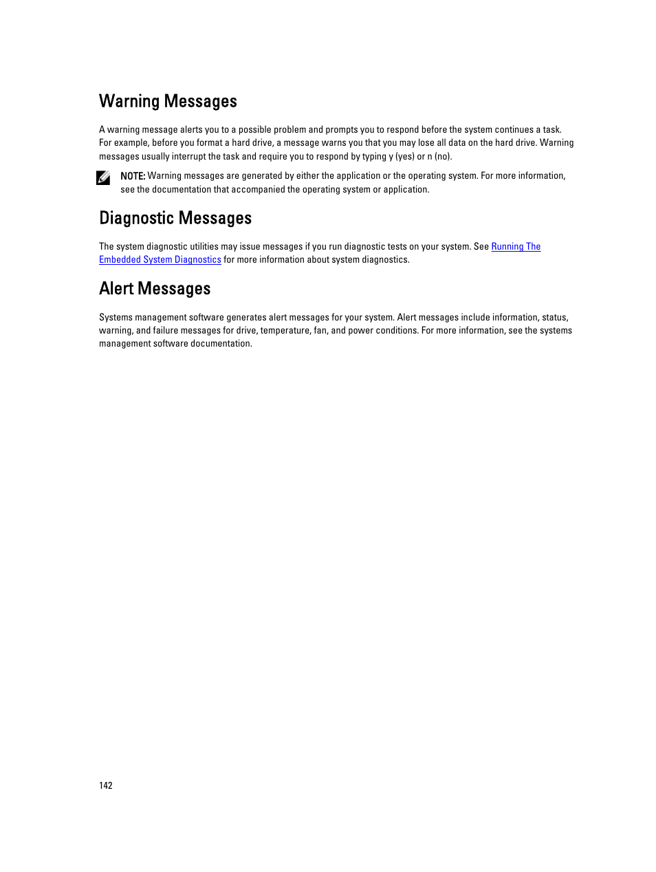 Warning messages, Diagnostic messages, Alert messages | Dell PowerEdge VRTX User Manual | Page 142 / 143