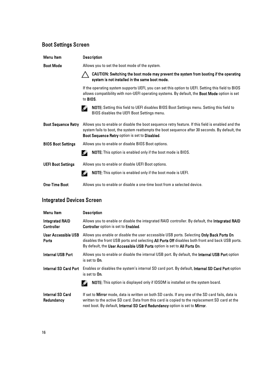 Boot settings screen, Integrated devices screen | Dell PowerEdge VRTX User Manual | Page 16 / 143