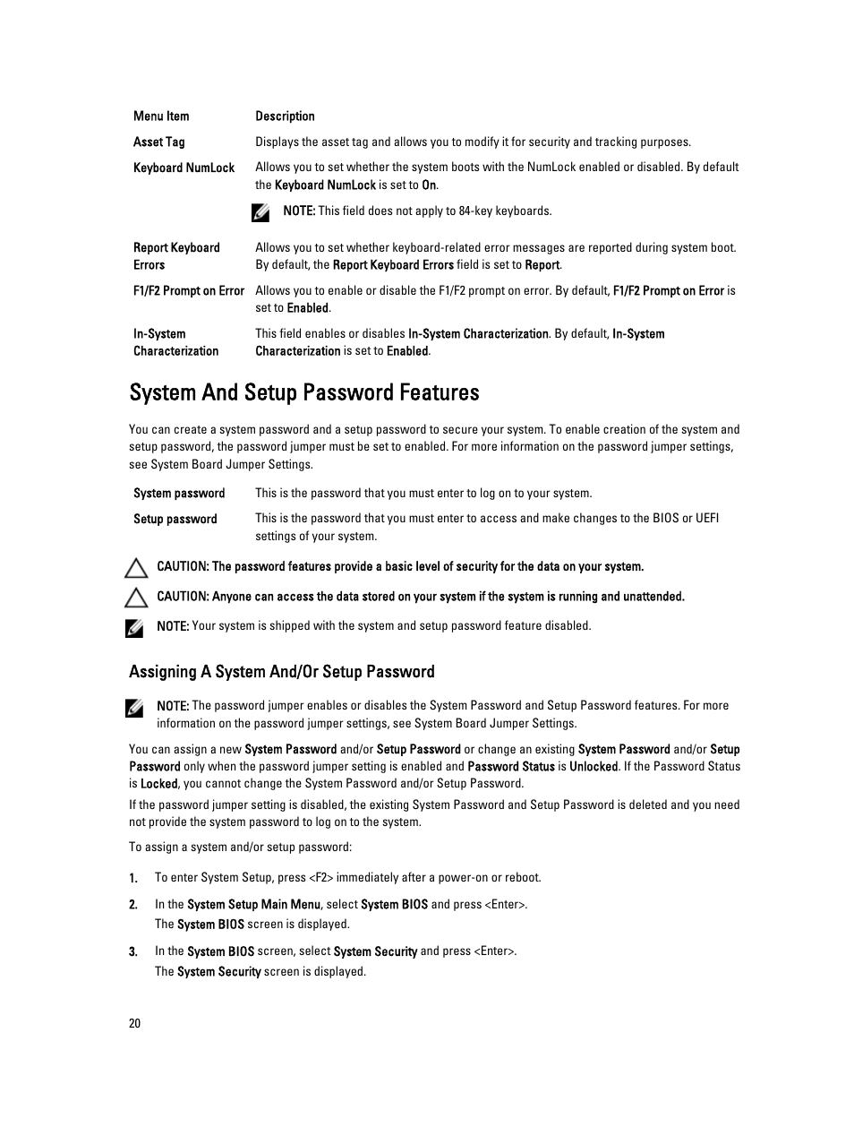 System and setup password features, Assigning a system and/or setup password | Dell PowerEdge VRTX User Manual | Page 20 / 143