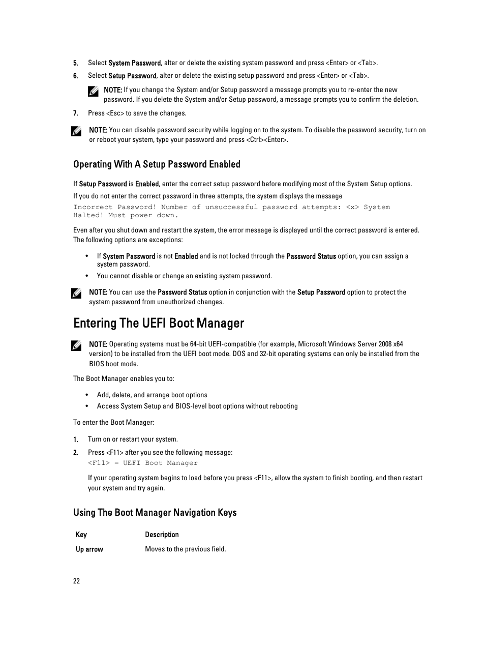 Operating with a setup password enabled, Entering the uefi boot manager, Using the boot manager navigation keys | Dell PowerEdge VRTX User Manual | Page 22 / 143