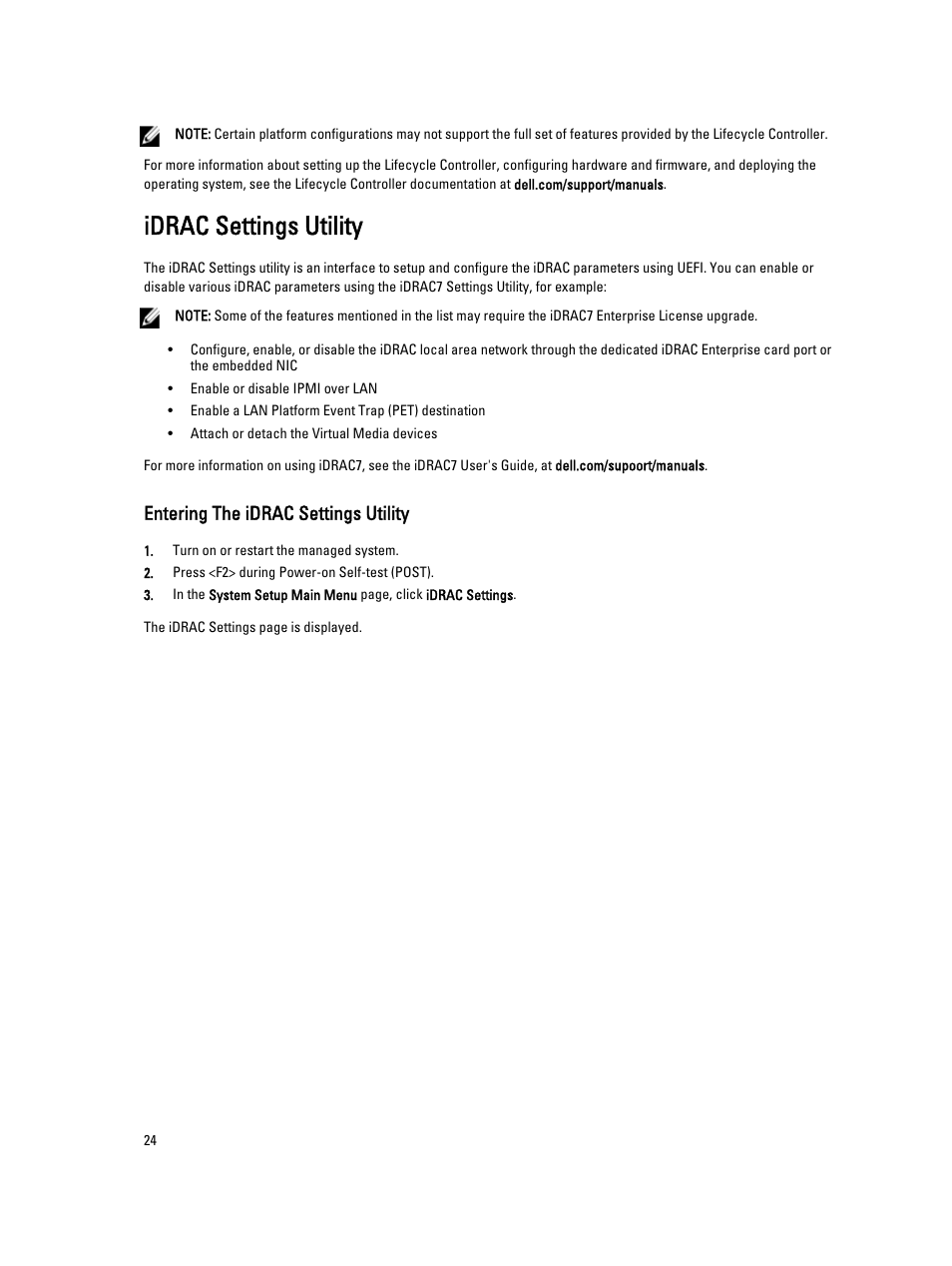 Idrac settings utility, Entering the idrac settings utility | Dell PowerEdge VRTX User Manual | Page 24 / 143