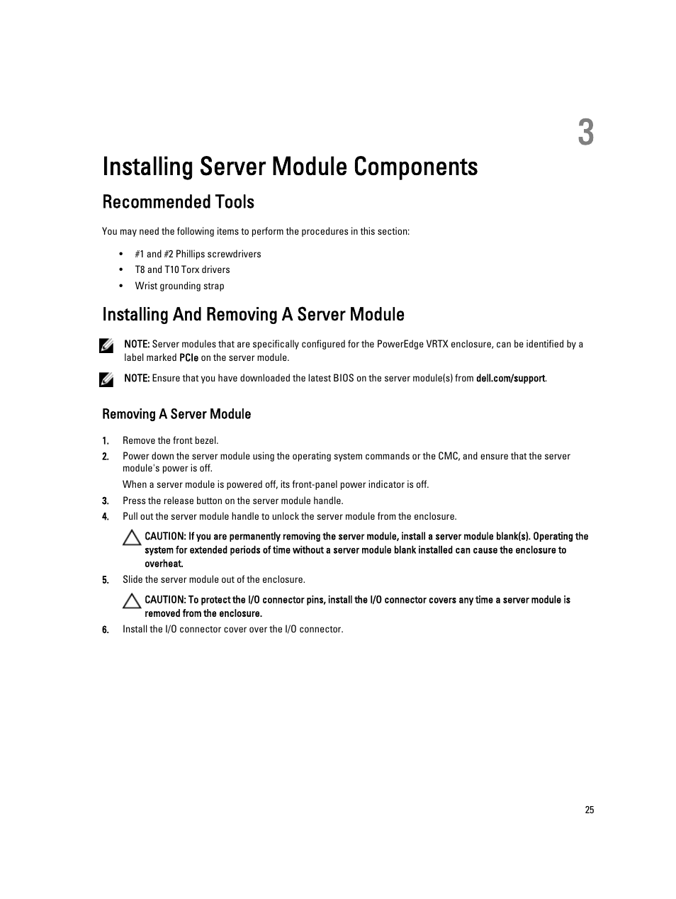 Installing server module components, Recommended tools, Installing and removing a server module | Removing a server module, 3 installing server module components | Dell PowerEdge VRTX User Manual | Page 25 / 143
