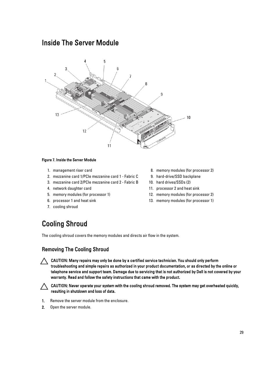 Inside the server module, Cooling shroud, Removing the cooling shroud | Dell PowerEdge VRTX User Manual | Page 29 / 143