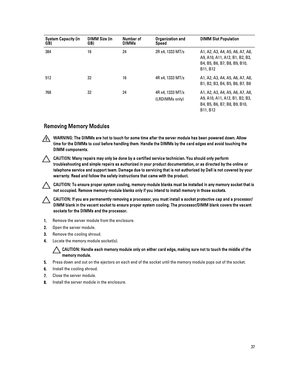 Removing memory modules | Dell PowerEdge VRTX User Manual | Page 37 / 143