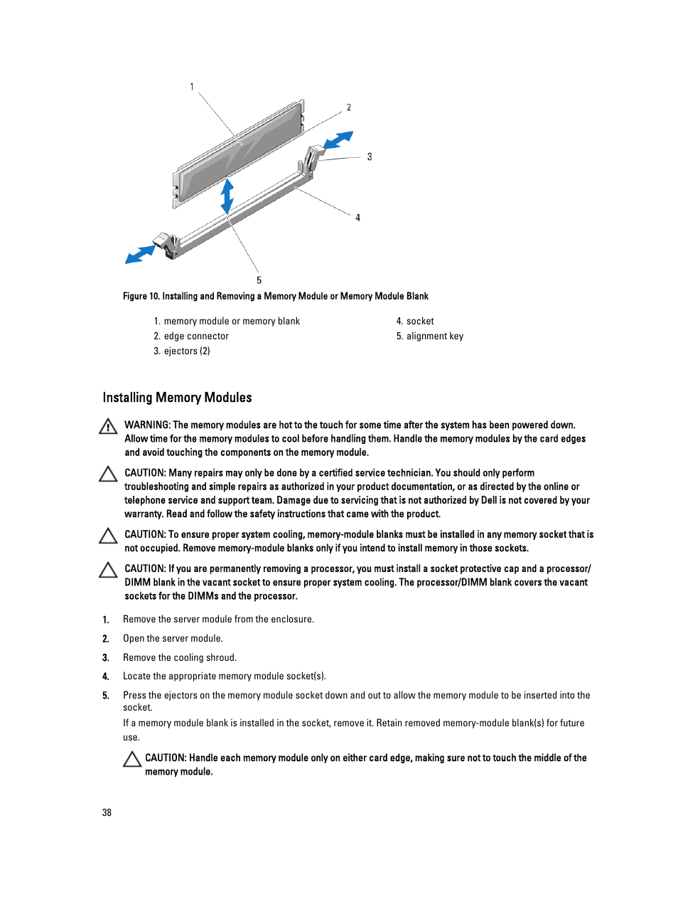 Installing memory modules | Dell PowerEdge VRTX User Manual | Page 38 / 143