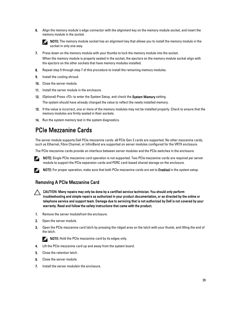 Pcie mezzanine cards, Removing a pcie mezzanine card | Dell PowerEdge VRTX User Manual | Page 39 / 143