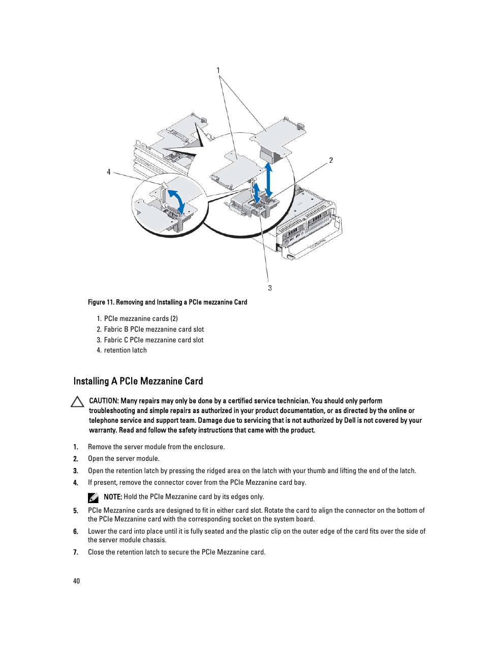 Installing a pcie mezzanine card | Dell PowerEdge VRTX User Manual | Page 40 / 143