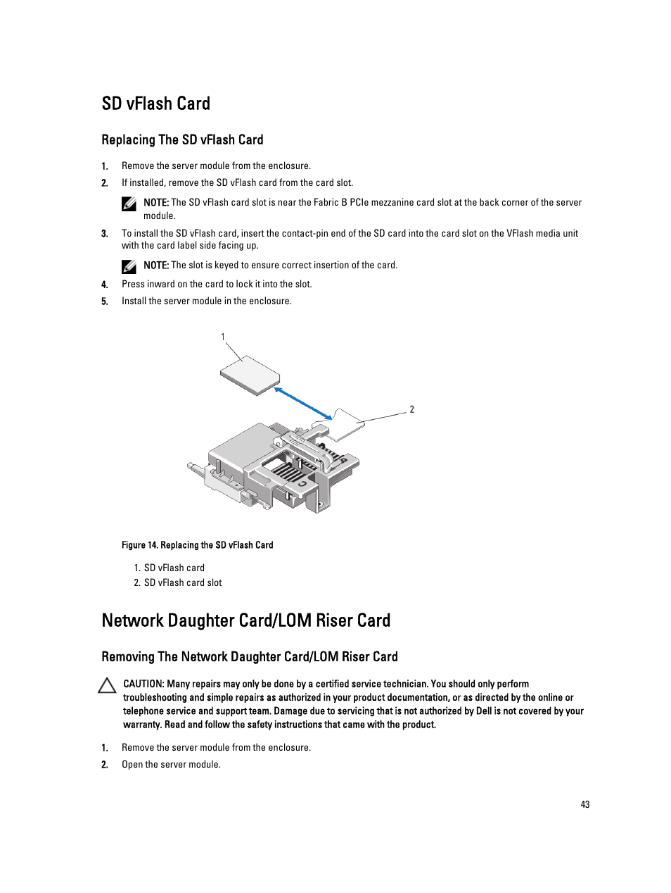 Sd vflash card, Replacing the sd vflash card, Network daughter card/lom riser card | Removing the network daughter card/lom riser card | Dell PowerEdge VRTX User Manual | Page 43 / 143