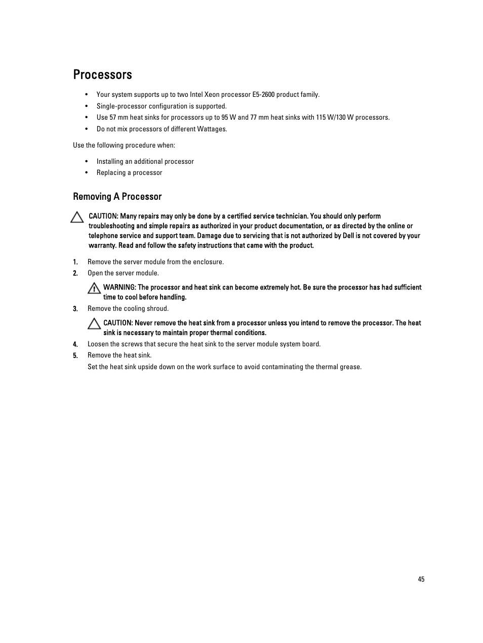 Processors, Removing a processor | Dell PowerEdge VRTX User Manual | Page 45 / 143