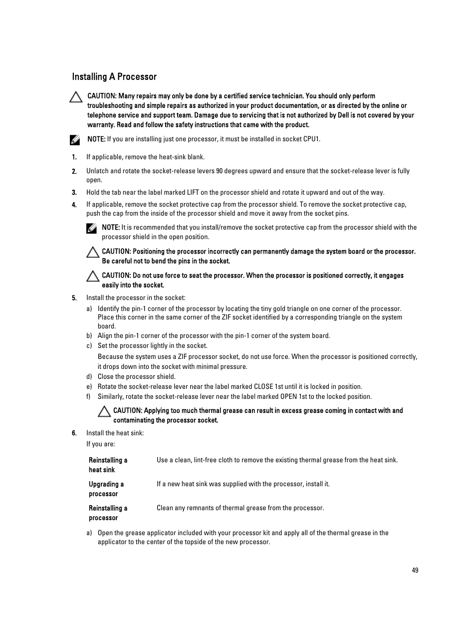 Installing a processor | Dell PowerEdge VRTX User Manual | Page 49 / 143
