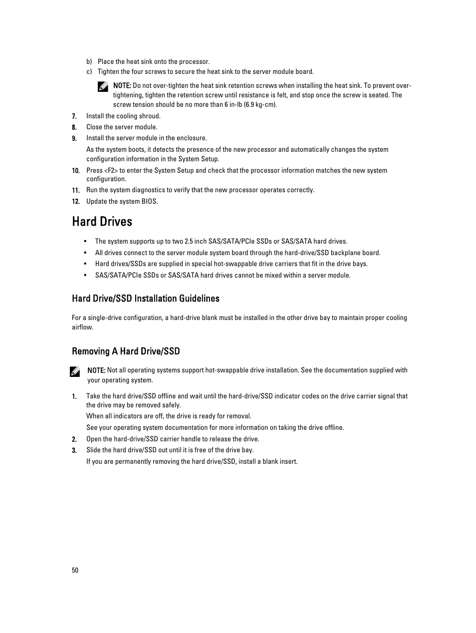 Hard drives, Hard drive/ssd installation guidelines, Removing a hard drive/ssd | Dell PowerEdge VRTX User Manual | Page 50 / 143