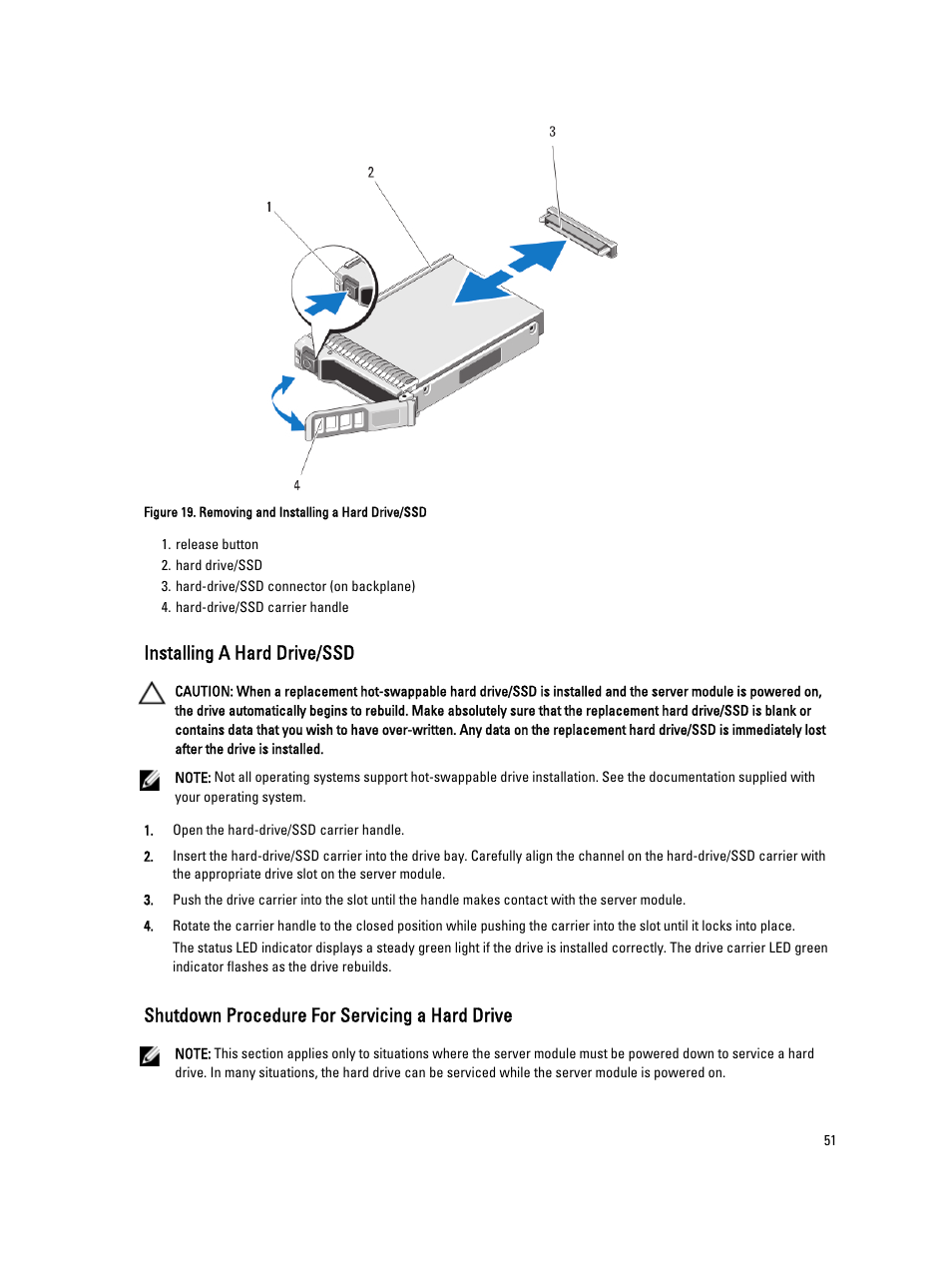 Installing a hard drive/ssd, Shutdown procedure for servicing a hard drive | Dell PowerEdge VRTX User Manual | Page 51 / 143