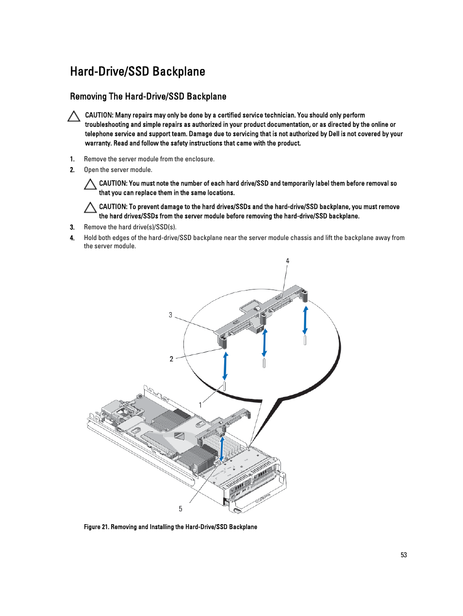 Hard-drive/ssd backplane, Removing the hard-drive/ssd backplane | Dell PowerEdge VRTX User Manual | Page 53 / 143