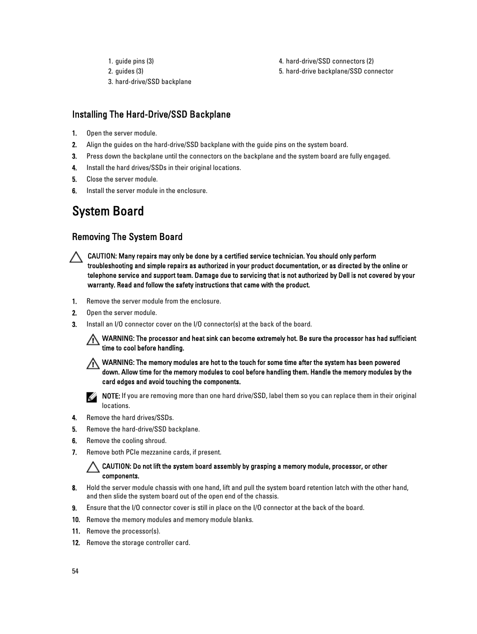 Installing the hard-drive/ssd backplane, System board, Removing the system board | Dell PowerEdge VRTX User Manual | Page 54 / 143