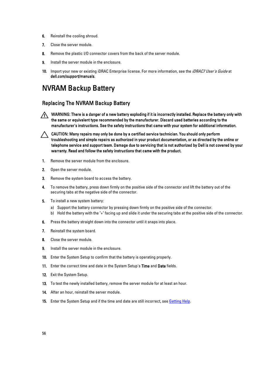 Nvram backup battery, Replacing the nvram backup battery | Dell PowerEdge VRTX User Manual | Page 56 / 143