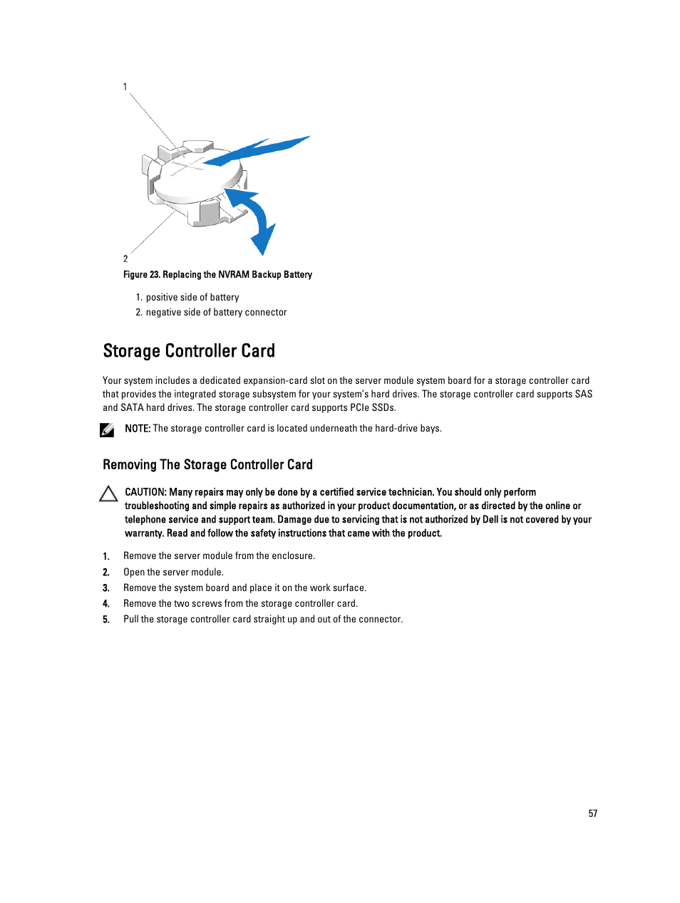 Storage controller card, Removing the storage controller card | Dell PowerEdge VRTX User Manual | Page 57 / 143