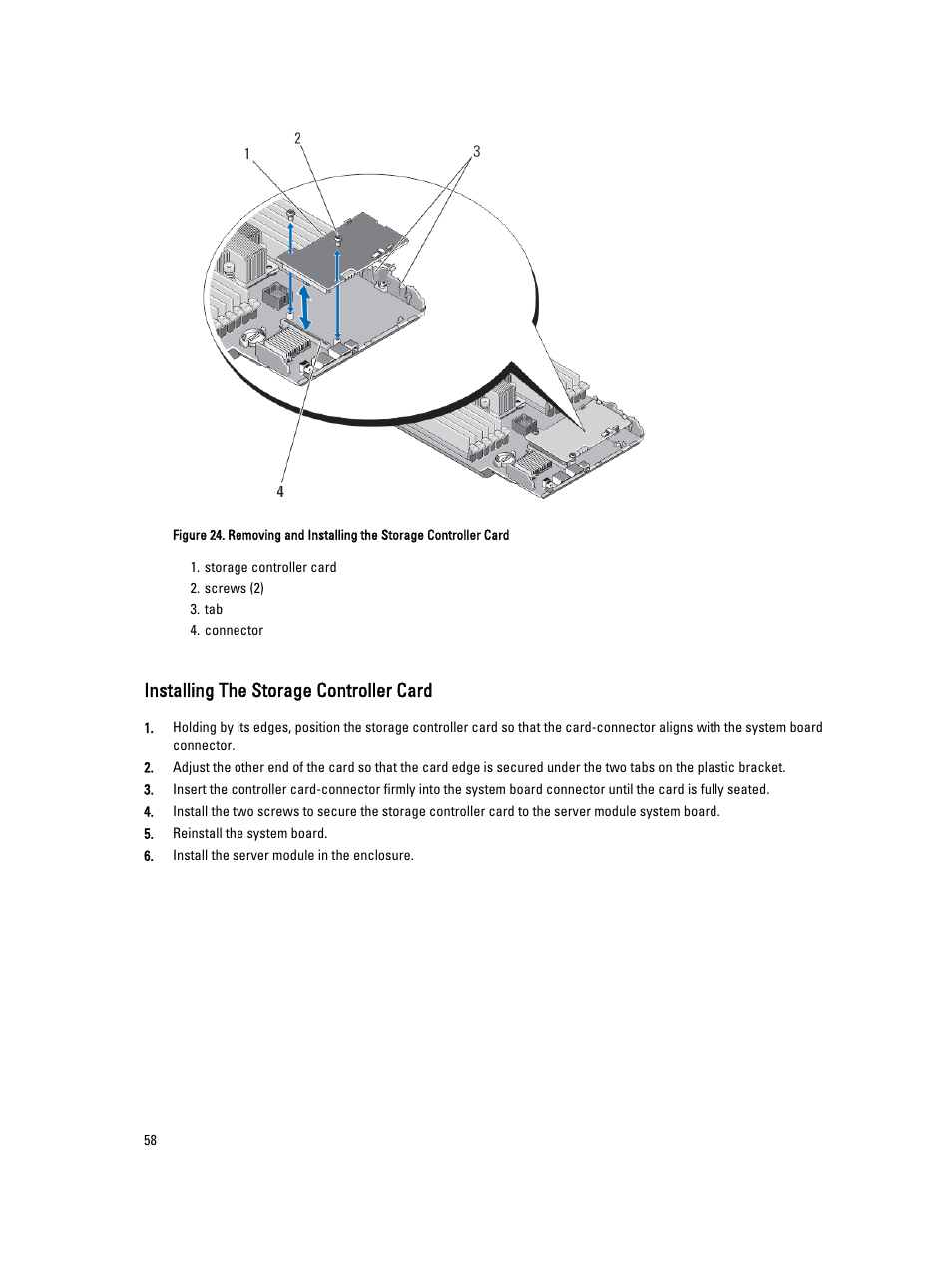 Installing the storage controller card | Dell PowerEdge VRTX User Manual | Page 58 / 143
