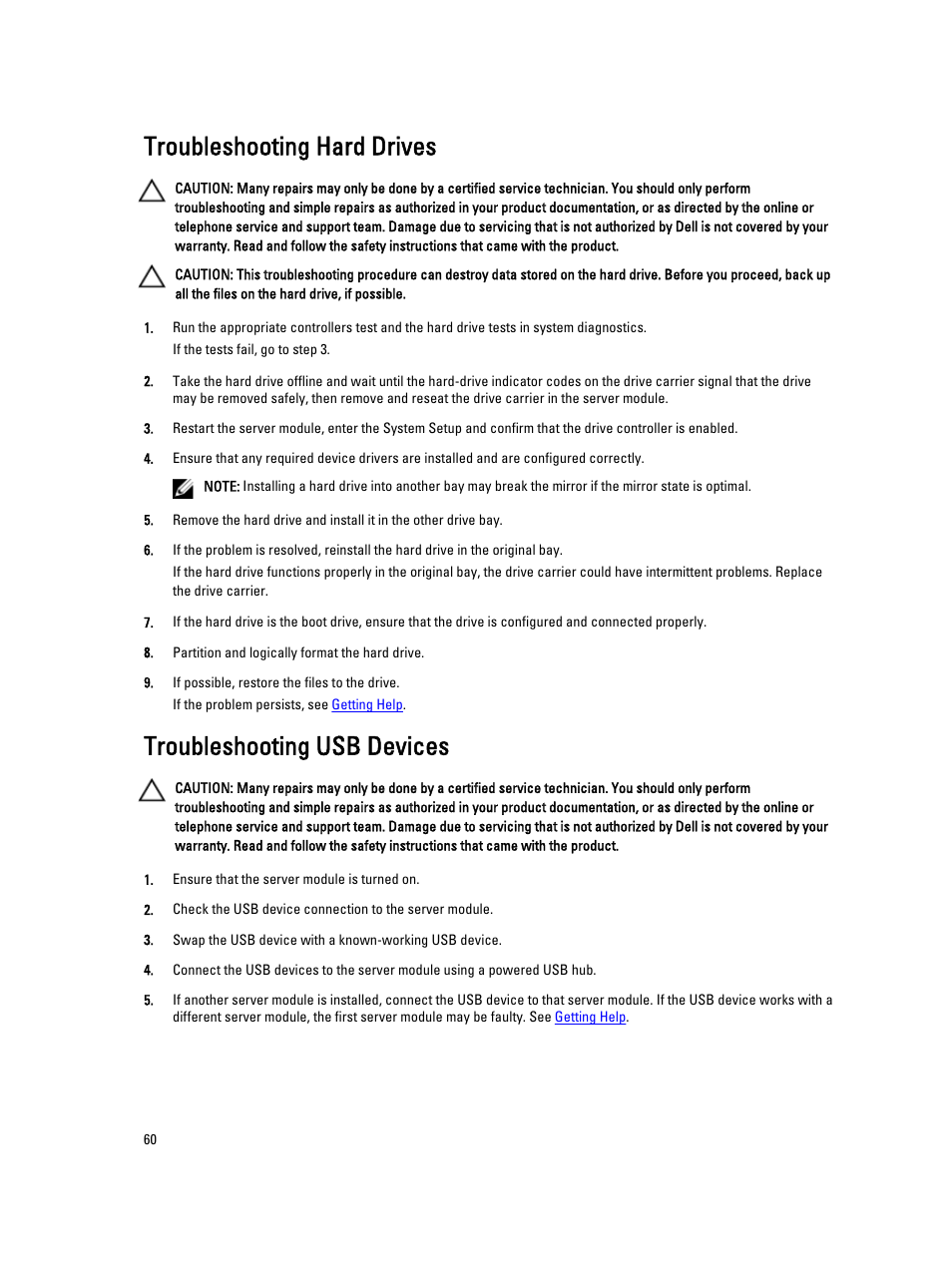 Troubleshooting hard drives, Troubleshooting usb devices | Dell PowerEdge VRTX User Manual | Page 60 / 143