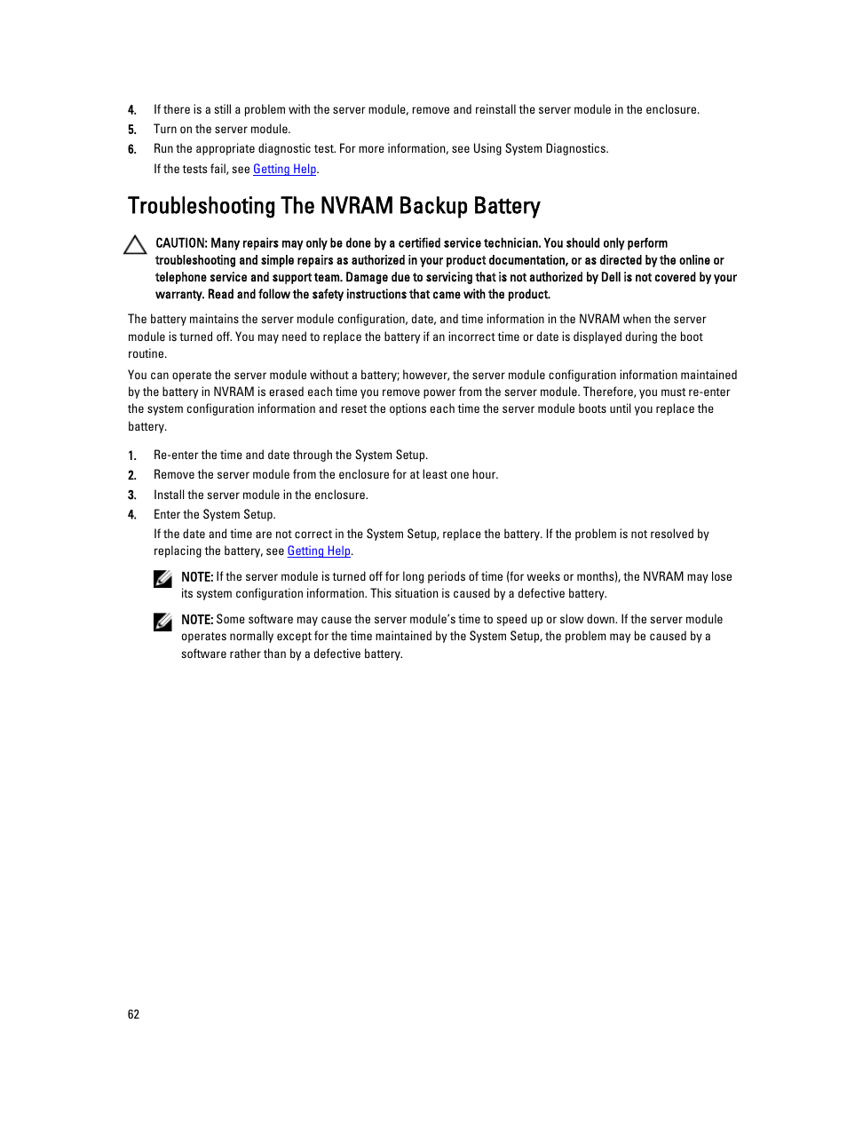 Troubleshooting the nvram backup battery | Dell PowerEdge VRTX User Manual | Page 62 / 143