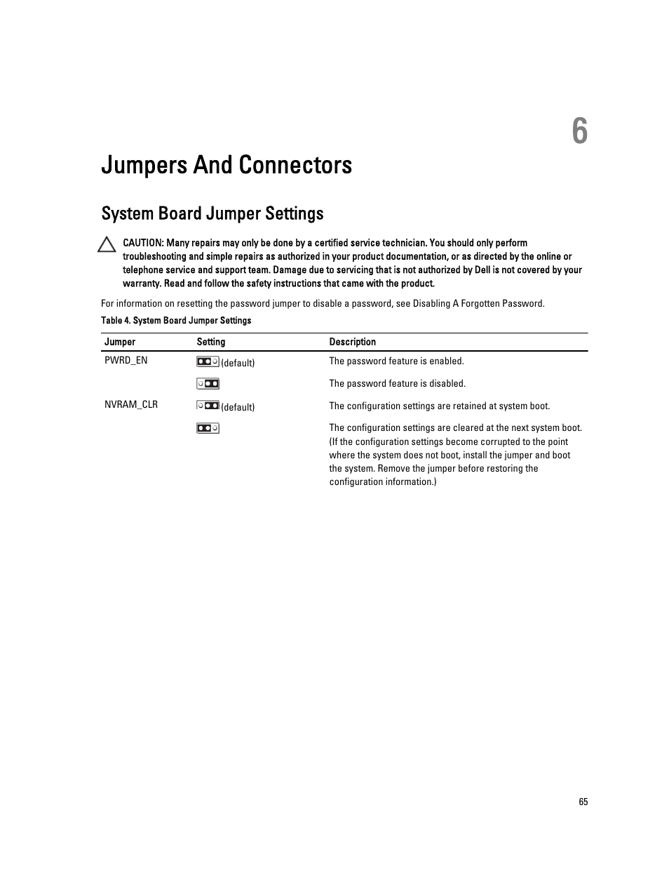 Jumpers and connectors, System board jumper settings, 6 jumpers and connectors | Dell PowerEdge VRTX User Manual | Page 65 / 143
