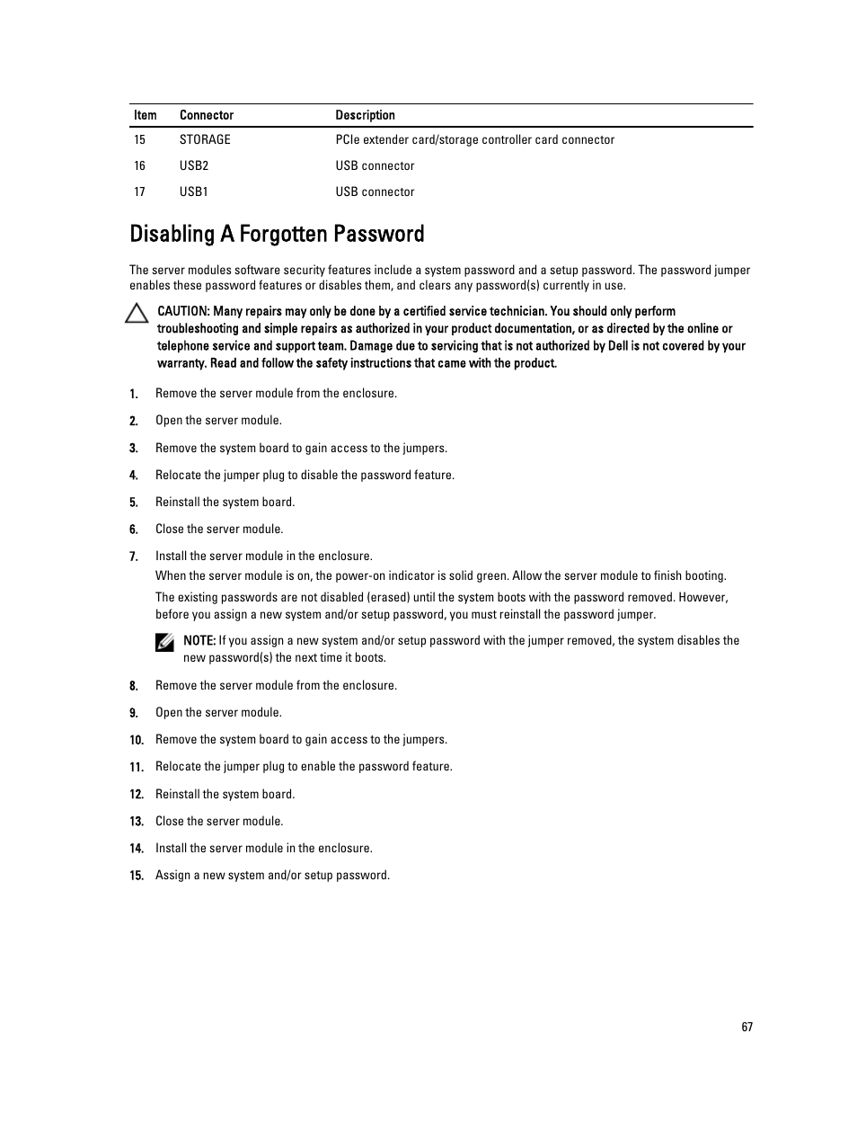 Disabling a forgotten password | Dell PowerEdge VRTX User Manual | Page 67 / 143