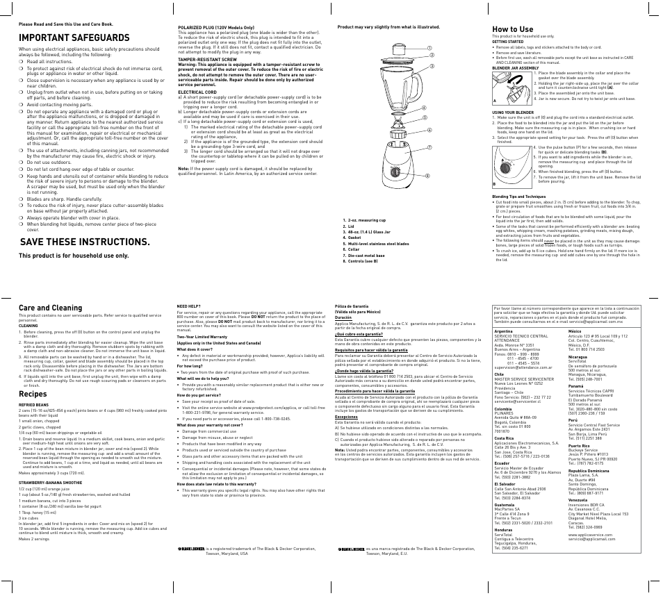 Important safeguards, Save these instructions, How to use | Care and cleaning, Recipes | Black & Decker BLBD02LAUC User Manual | Page 2 / 2