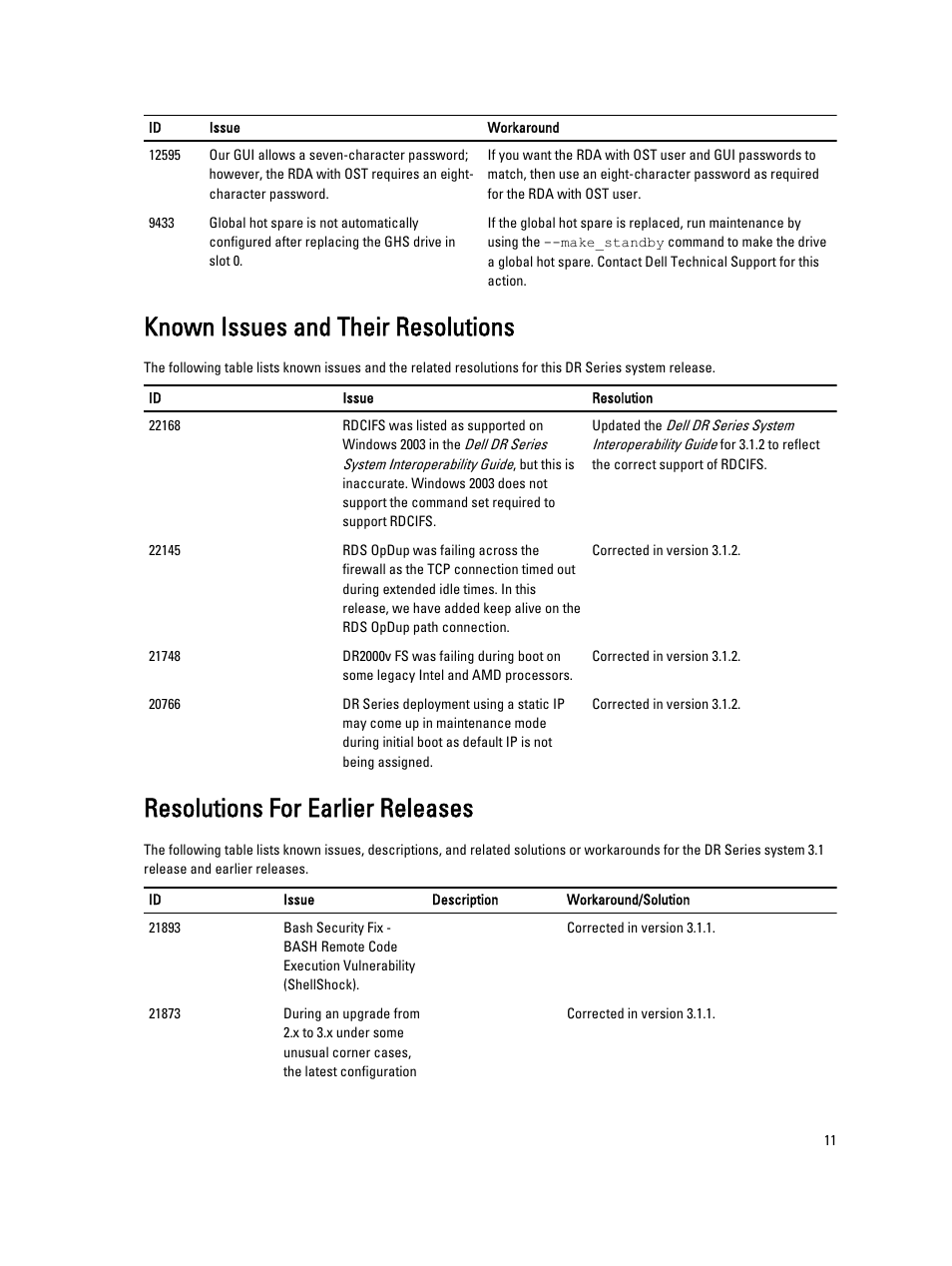 Known issues and their resolutions, Resolutions for earlier releases | Dell PowerVault DR2000v User Manual | Page 11 / 38