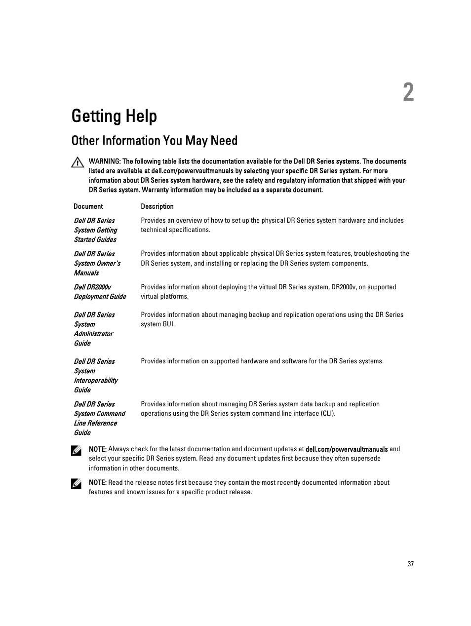 Getting help, Other information you may need, 2 getting help | Dell PowerVault DR2000v User Manual | Page 37 / 38