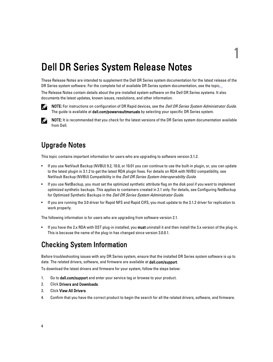 Dell dr series system release notes, Upgrade notes, Checking system information | 1 dell dr series system release notes | Dell PowerVault DR2000v User Manual | Page 4 / 38