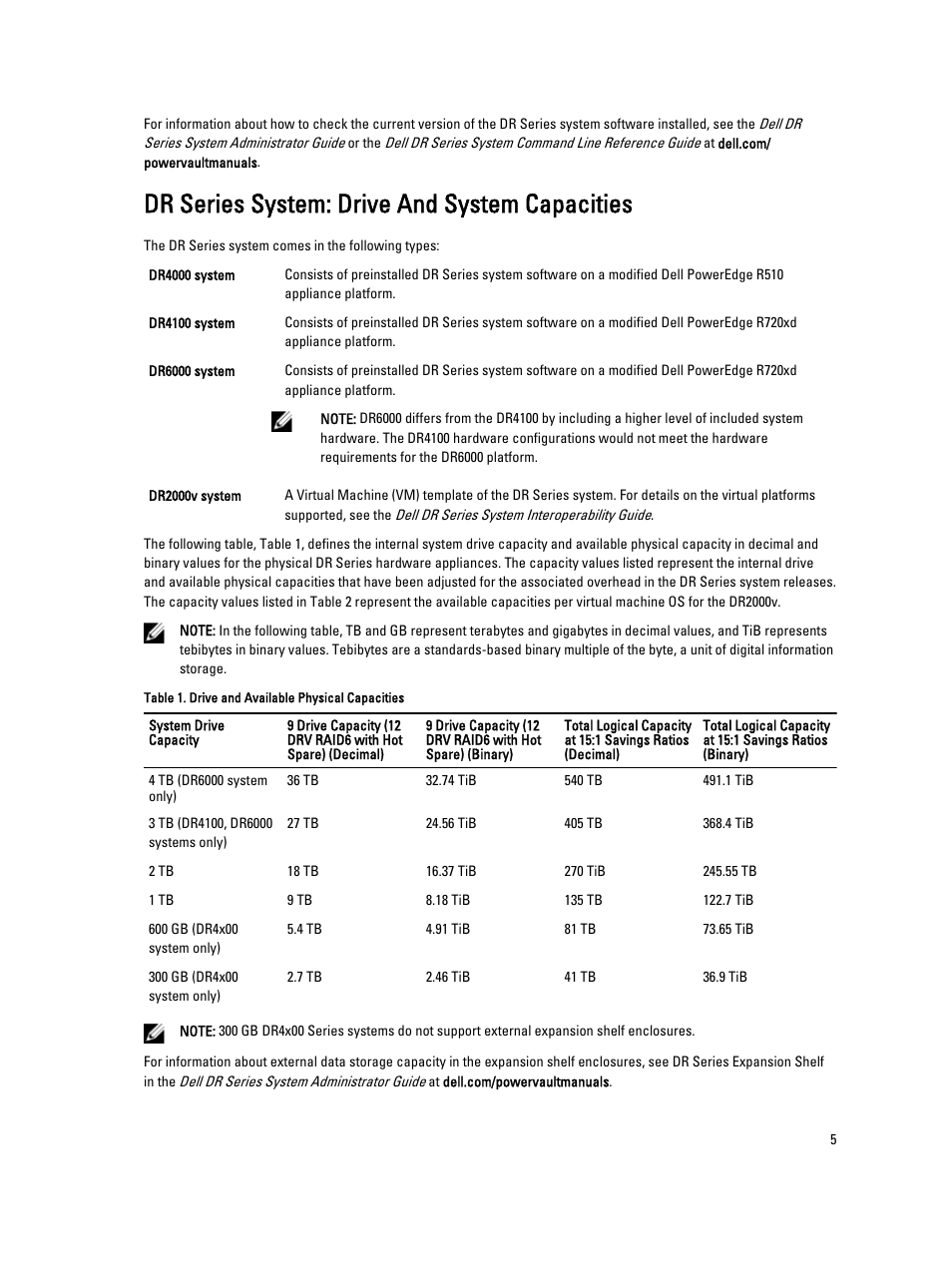 Dr series system: drive and system capacities | Dell PowerVault DR2000v User Manual | Page 5 / 38